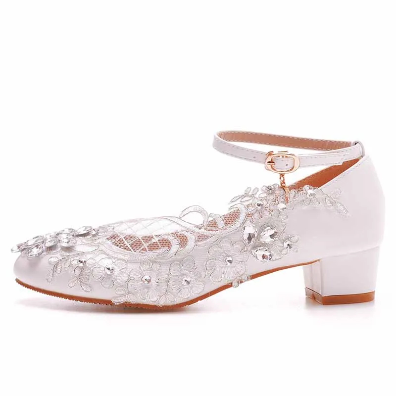 Women Square Toe White Chunky Sandals Bridal White Lace Wedding Shoes