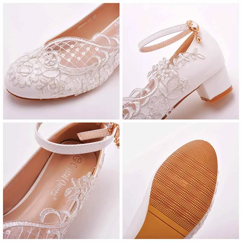 Women Square Toe White Chunky Sandals Bridal White Lace Wedding Shoes