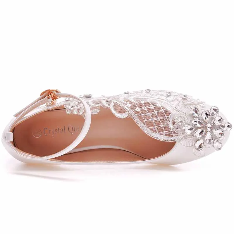 Women Square Toe White Chunky Sandals Bridal White Lace Wedding Shoes