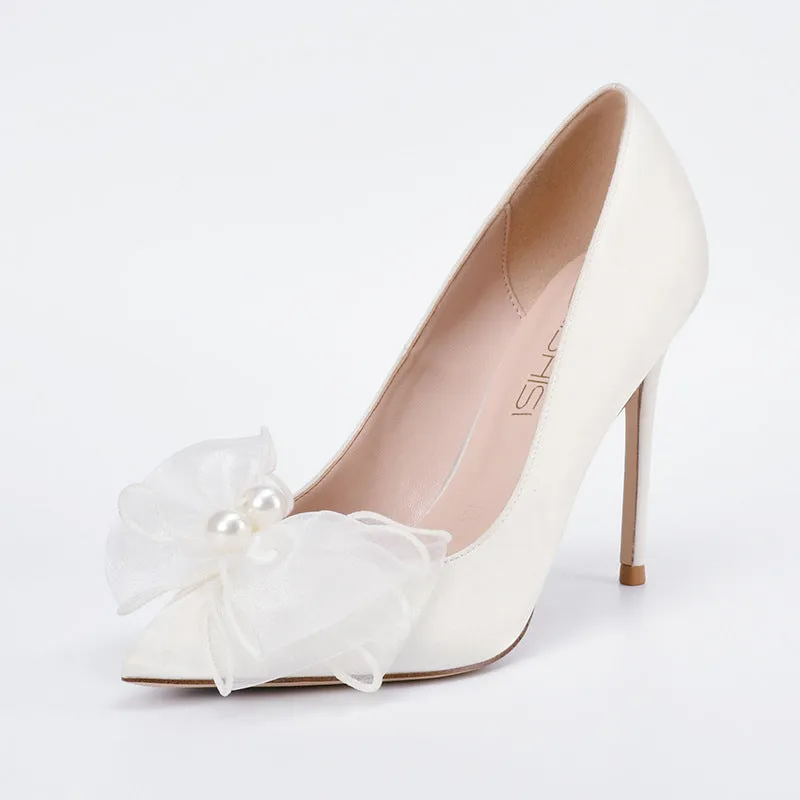 Women white rhinestone silk bowknot pointed toe stiletto high wedding heels