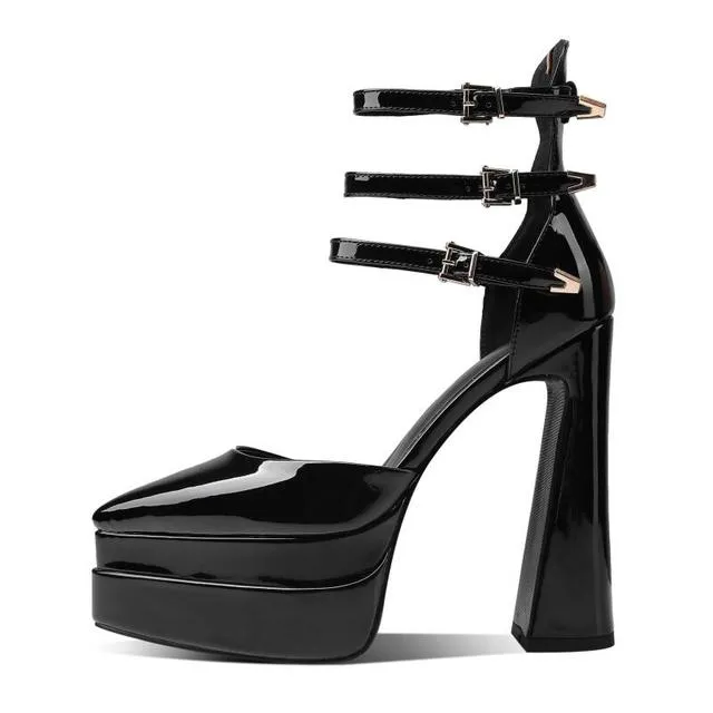 Womens Aesthetic Platform Shoes Patent Leather Pointed Toe Heels