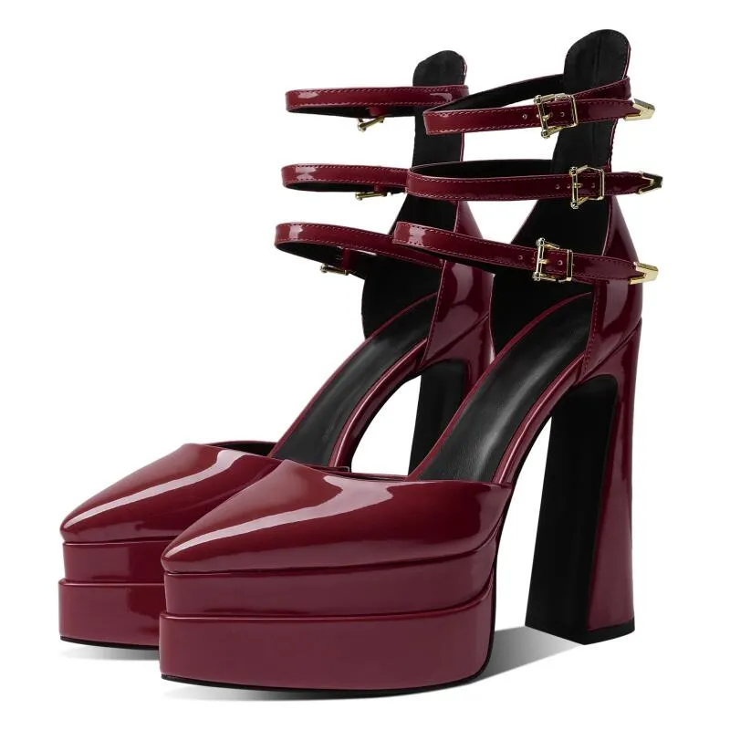 Womens Aesthetic Platform Shoes Patent Leather Pointed Toe Heels