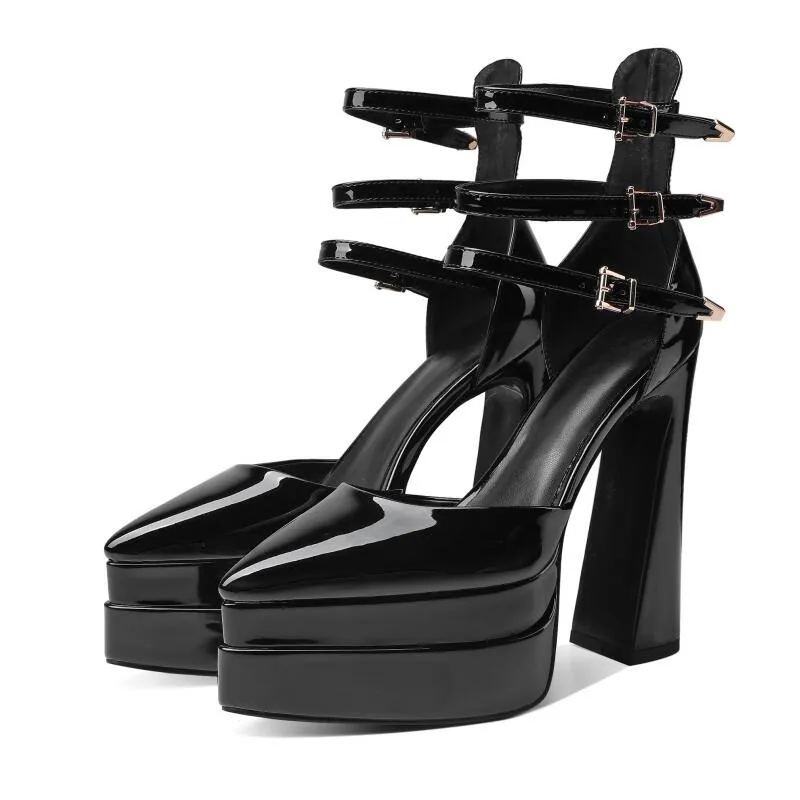 Womens Aesthetic Platform Shoes Patent Leather Pointed Toe Heels